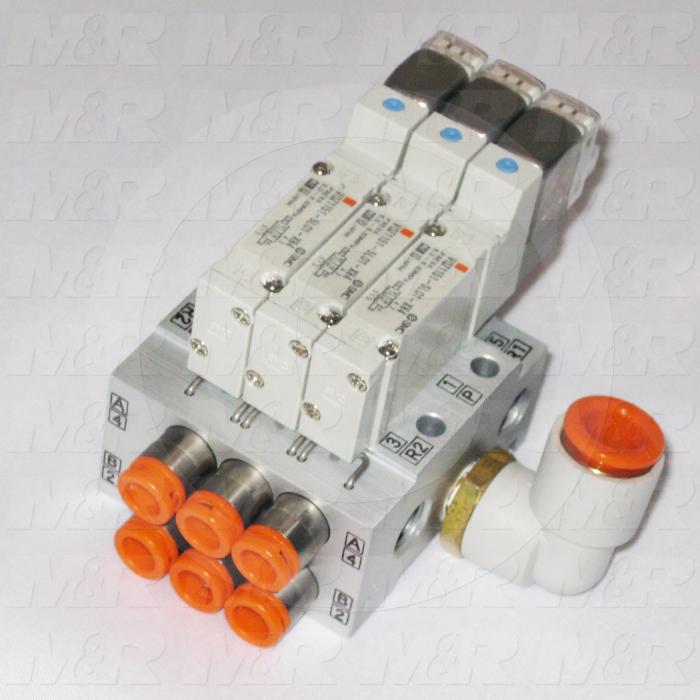 Valves, Electro Mechanical Type, 2 Position / 5 Way Operation, Single Coil, 24 VDC Coil Voltage, 3 Stations, Viton Seal, 0.7 MPa Max. Pressure
